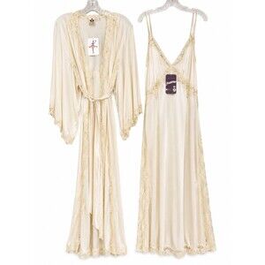 Mary Green 100% Silk Lace Robe & Gown Set XL Ivory Vintage Bridal Honeymoon